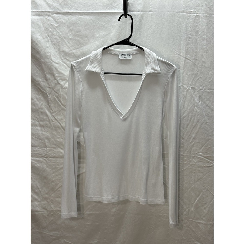 LNA Ribbed Long Sleeve V Neck Collared Top White Minimalist 90s Rachel